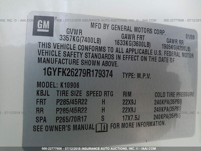 1GYFK26279R179374 - 2009 CADILLAC ESCALADE ESV LUXURY WHITE photo 9