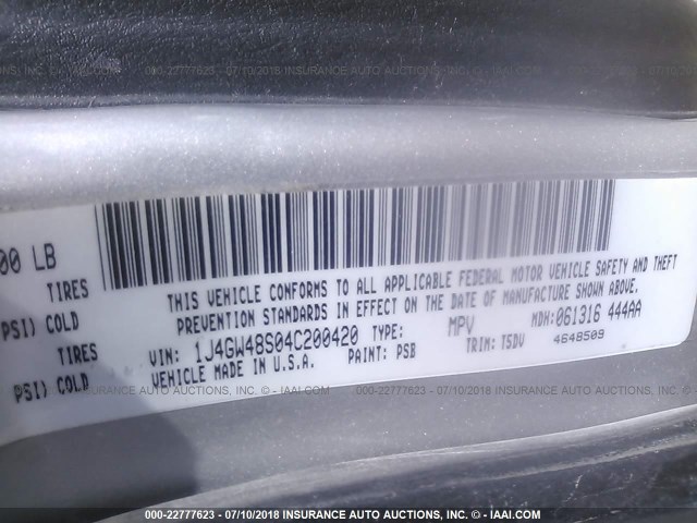 1J4GW48S04C200420 - 2004 JEEP GRAND CHEROKEE LAREDO/COLUMBIA/FREEDOM 银色 照片 9