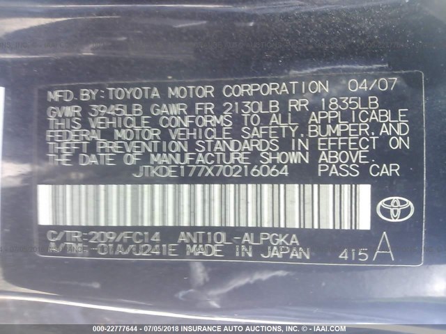 JTKDE177X70216064 - 2007 TOYOTA SCION TC BLACK photo 9