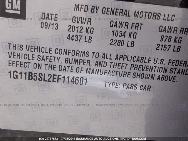 1G11B5SL2EF114601 - 2014 CHEVROLET MALIBU LS ნაცრისფერი ფოტო 9