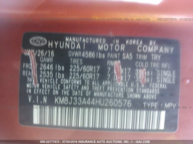 KM8J33A44HU260576 - 2017 HYUNDAI TUCSON LIMITED/SPORT AND ECO/SE ORANGE photo 9