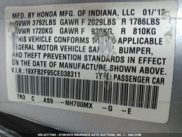 19XFB2F95CE038311 - 2012 HONDA CIVIC EXL SILVER photo 9