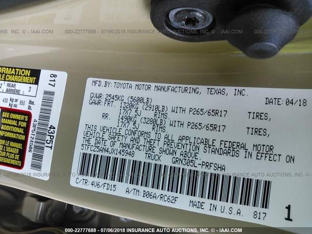 5TFCZ5AN4JX145948 - 2018 TOYOTA TACOMA DBL CAB/SR/TRDSPT/OR/PRO მწვანე ფოტო 9