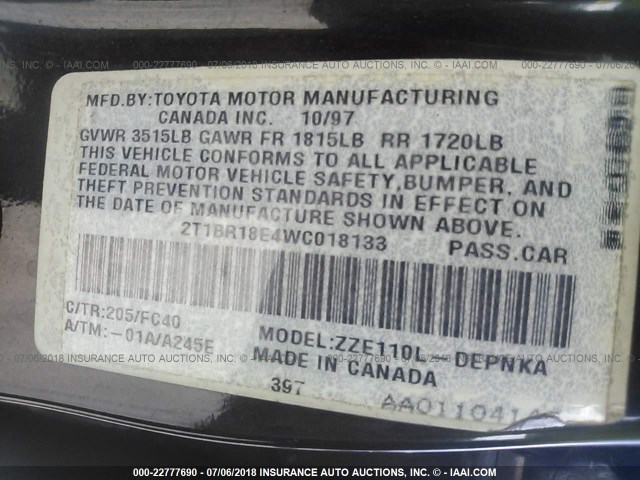 2T1BR18E4WC018133 - 1998 TOYOTA COROLLA VE/CE/LE 黑色 照片 9