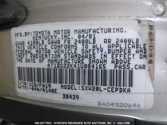 4T1BG22K41U084165 - 2001 TOYOTA CAMRY CE/LE/XLE SILVER photo 9