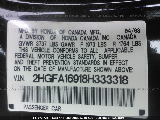 2HGFA16918H333318 - 2008 HONDA CIVIC EXL Qara foto 9