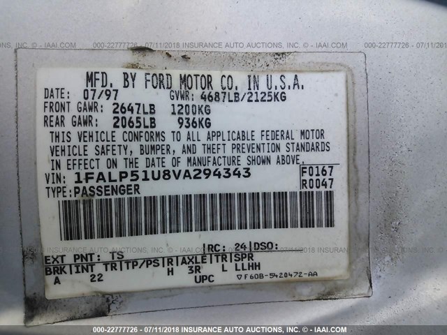 1FALP51U8VA294343 - 1997 FORD TAURUS G SILVER photo 9