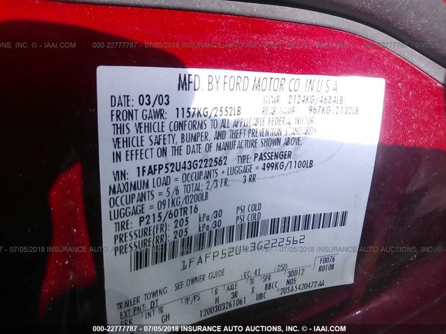 1FAFP52U43G222562 - 2003 FORD TAURUS LX RED photo 9