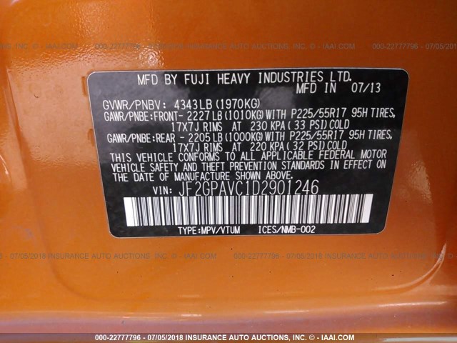 JF2GPAVC1D2901246 - 2013 SUBARU XV CROSSTREK 2.0 PREMIUM ORANGE photo 9