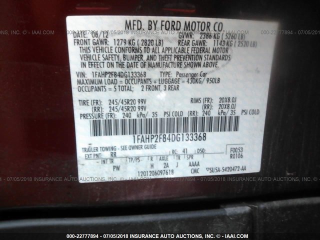 1FAHP2F84DG133368 - 2013 FORD TAURUS LIMITED RED photo 9