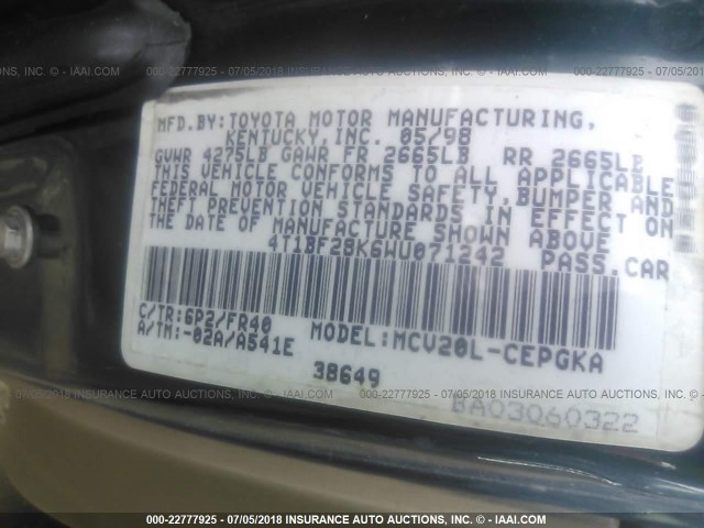 4T1BF28K6WU071242 - 1998 TOYOTA CAMRY CE/LE/XLE 绿色 照片 9