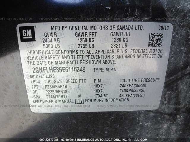 2GNFLHE35E6116349 - 2014 CHEVROLET EQUINOX LTZ BLACK photo 9