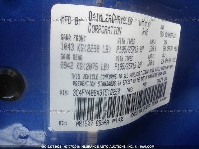 3C4FY48BX3T518253 - 2003 CHRYSLER PT CRUISER CLASSIC 蓝色 照片 9