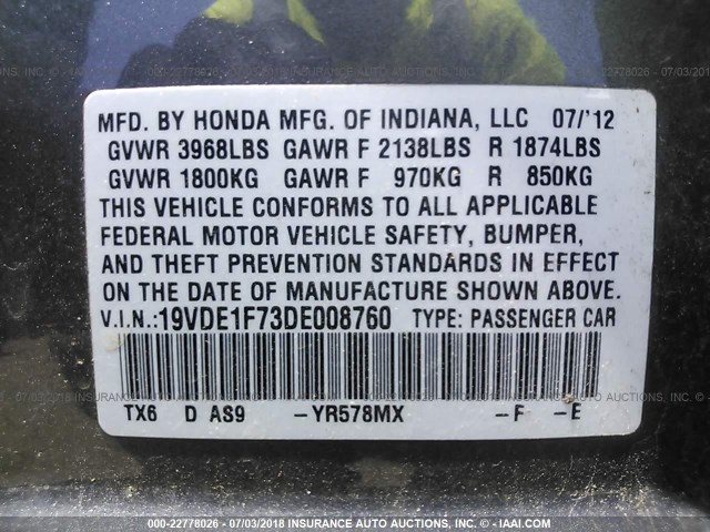 19VDE1F73DE008760 - 2013 ACURA ILX 20 TECH GRAY photo 9