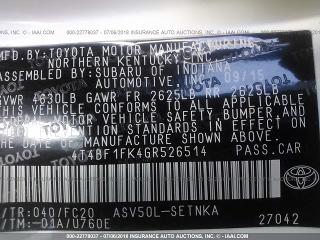 4T4BF1FK4GR526514 - 2016 TOYOTA CAMRY LE/XLE/SE/XSE WHITE photo 9