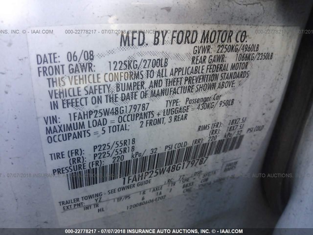 1FAHP25W48G179787 - 2008 FORD TAURUS LIMITED WHITE photo 9