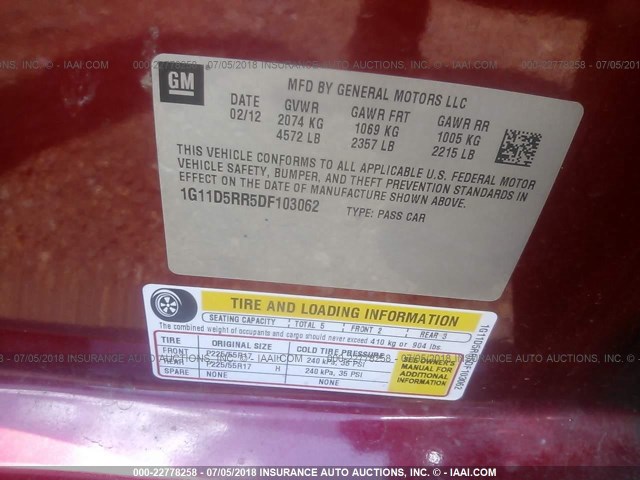 1G11D5RR5DF103062 - 2013 CHEVROLET MALIBU 1LT 红色 照片 9