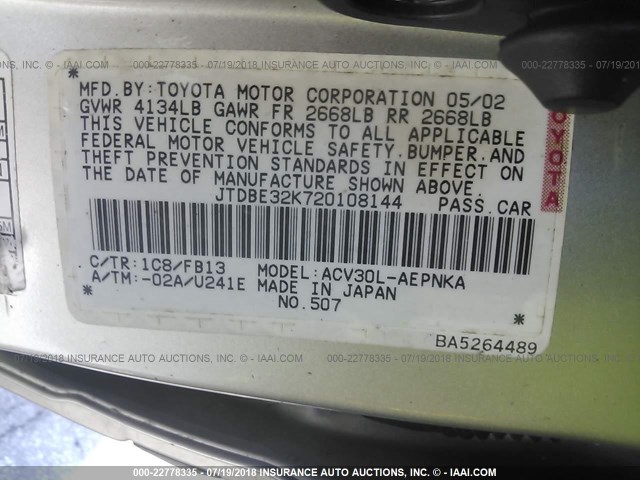 JTDBE32K720108144 - 2002 TOYOTA CAMRY LE/XLE/SE 银色 照片 9