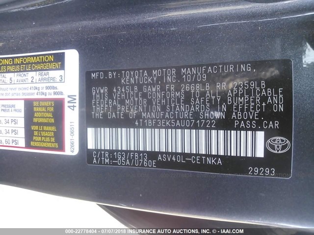 4T1BF3EK5AU071722 - 2010 TOYOTA CAMRY SE/LE/XLE GRAY photo 9