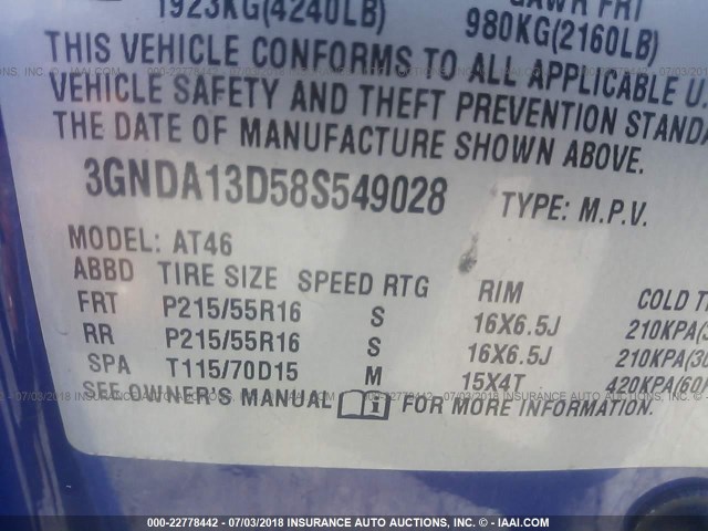 3GNDA13D58S549028 - 2008 CHEVROLET HHR LS BLUE photo 9