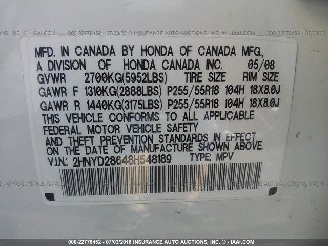 2HNYD28648H548189 - 2008 ACURA MDX TECHNOLOGY WHITE photo 9