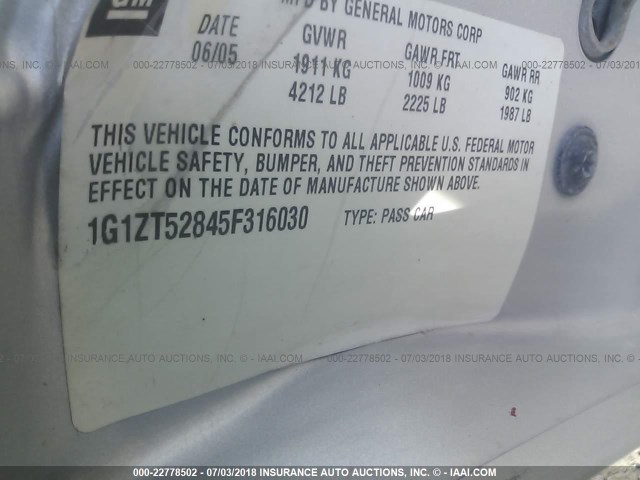 1G1ZT52845F316030 - 2005 CHEVROLET MALIBU LS 银色 照片 9