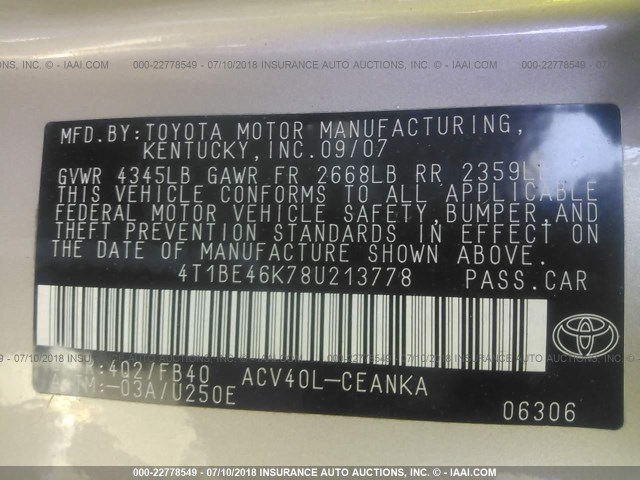 4T1BE46K78U213778 - 2008 TOYOTA CAMRY CE/LE/XLE/SE TAN photo 9