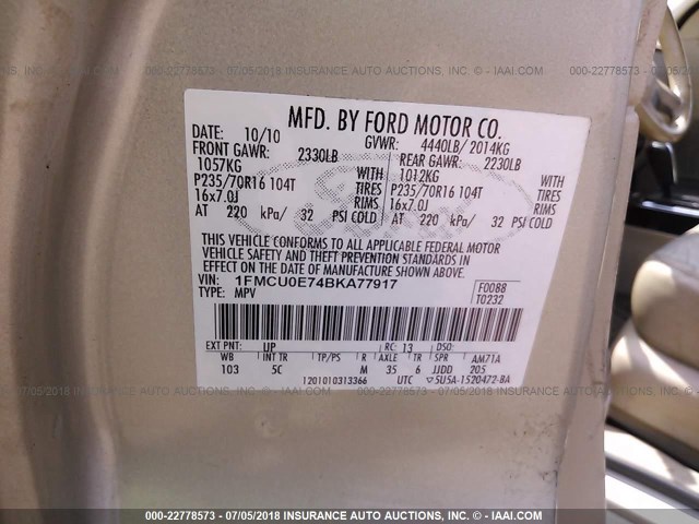 1FMCU0E74BKA77917 - 2011 FORD ESCAPE LIMITED TAN photo 9