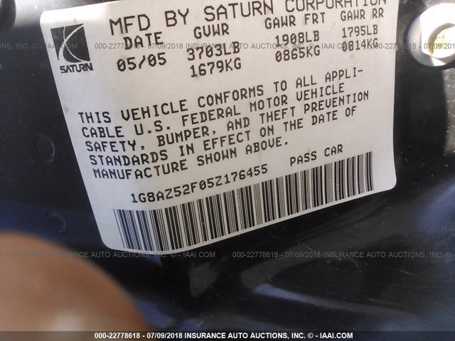 1G8AZ52F05Z176455 - 2005 SATURN ION LEVEL 2 BLACK photo 9