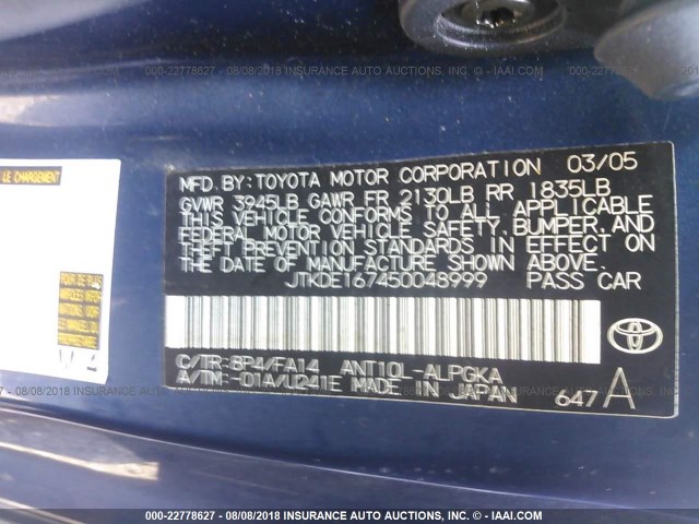 JTKDE167450048999 - 2005 TOYOTA SCION TC 蓝色 照片 9