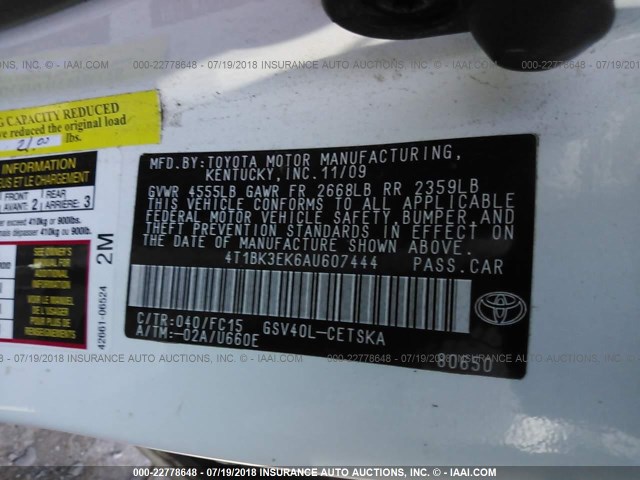 4T1BK3EK6AU607444 - 2010 TOYOTA CAMRY SE/LE/XLE 白色 照片 9