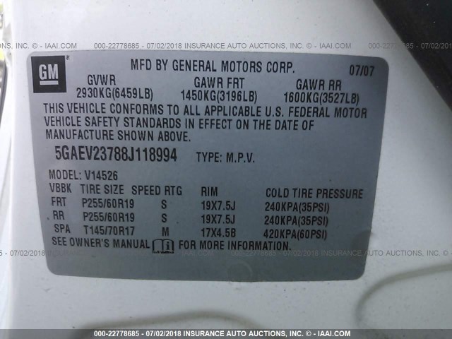 5GAEV23788J118994 - 2008 BUICK ENCLAVE CXL Blanc photo 9