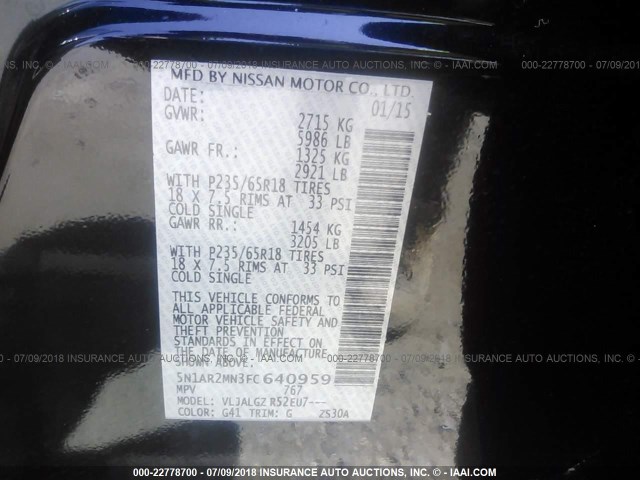 5N1AR2MN3FC640959 - 2015 NISSAN PATHFINDER S/SV/SL/PLATINUM 黑色 照片 9