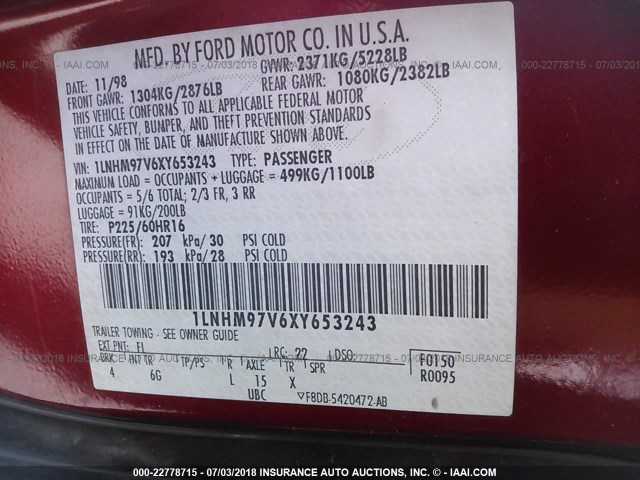 1LNHM97V6XY653243 - 1999 LINCOLN CONTINENTAL  Бордовый фото 9