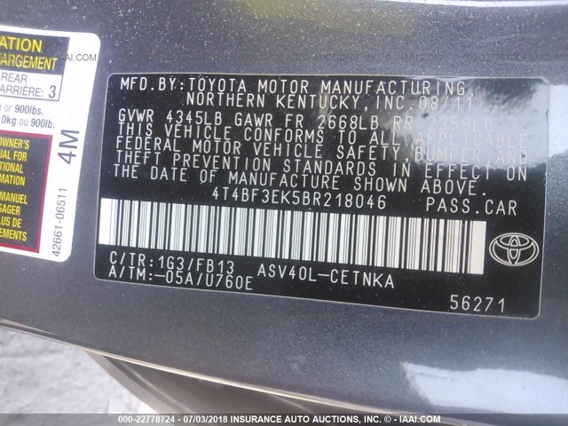 4T4BF3EK5BR218046 - 2011 TOYOTA CAMRY SE/LE/XLE GRAY photo 9