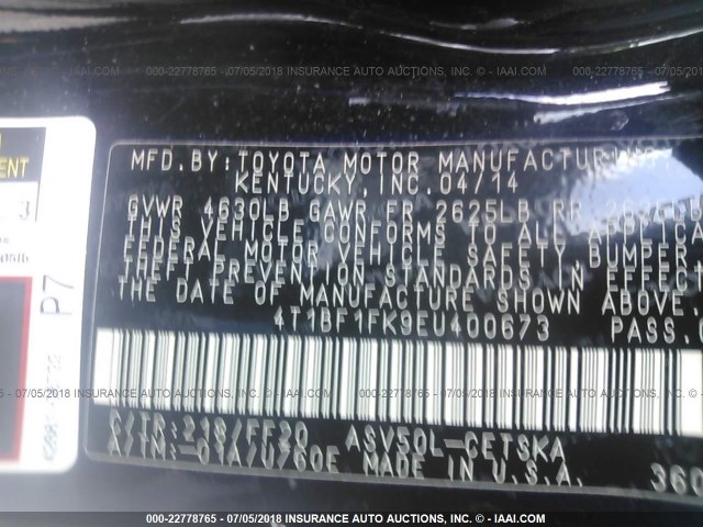 4T1BF1FK9EU400673 - 2014 TOYOTA CAMRY L/SE/LE/XLE 黑色 照片 9