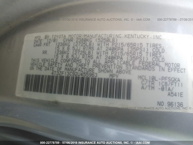 4T3ZF13C92U455963 - 2002 TOYOTA SIENNA LE/XLE SILVER photo 9