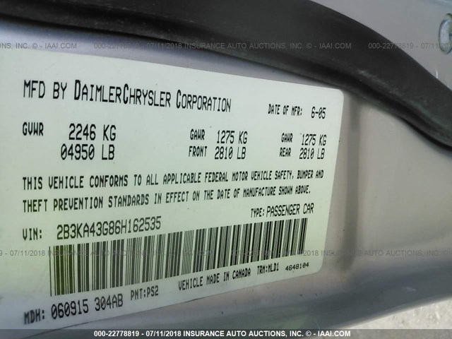 2B3KA43G86H162535 - 2006 DODGE CHARGER SE/SXT GRAY photo 9