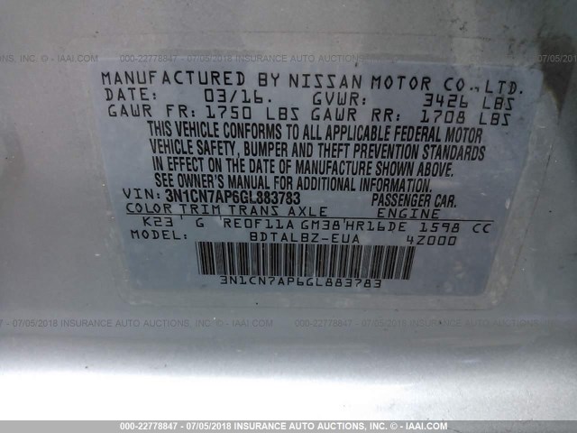 3N1CN7AP6GL883783 - 2016 NISSAN VERSA S/S PLUS/SV/SL SILVER photo 9