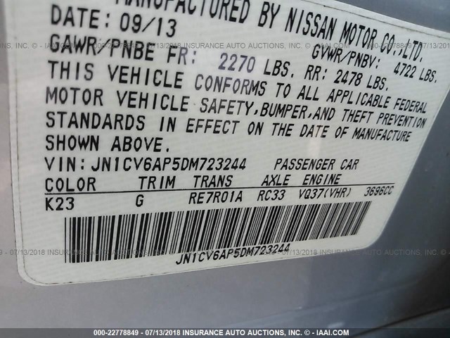 JN1CV6AP5DM723244 - 2013 INFINITI G37 JOURNEY/SPORT SILVER photo 9