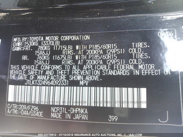 JTLKT324964092331 - 2006 TOYOTA SCION XB Schwarz Foto 9