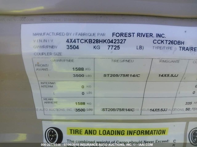 4X4TCKB28HK042327 - 2017 FOREST RIVER OTHER  棕色 照片 9