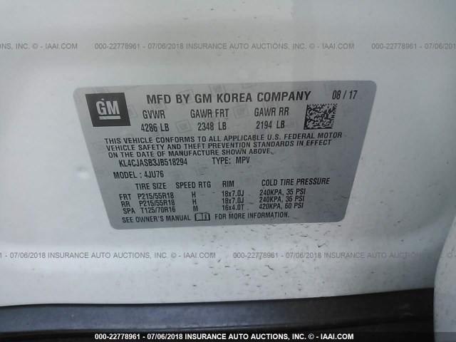 KL4CJASB3JB518294 - 2018 BUICK ENCORE PREFERRED WHITE photo 9