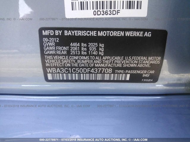WBA3C1C50DF437708 - 2013 BMW 328 I SULEV BLUE photo 9