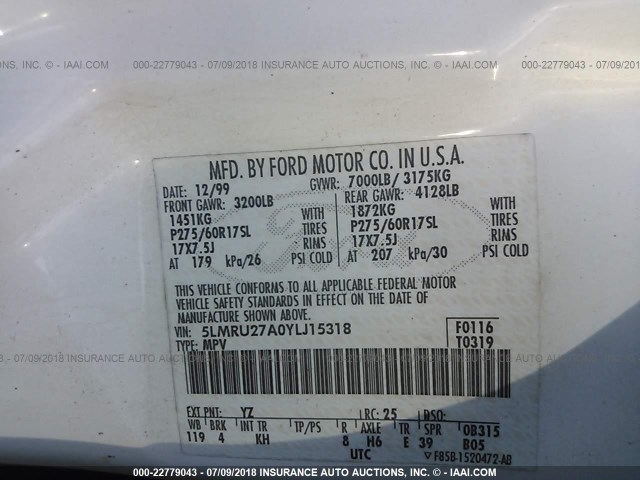 5LMRU27A0YLJ15318 - 2000 LINCOLN NAVIGATOR WHITE photo 9