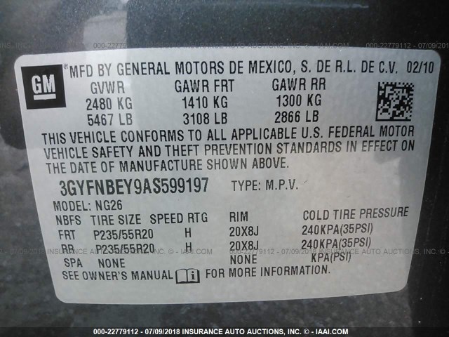 3GYFNBEY9AS599197 - 2010 CADILLAC SRX PERFORMANCE COLLECTION Сұр фото 9