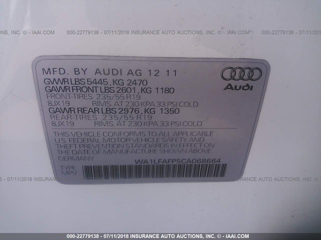 WA1LFAFP5CA068664 - 2012 AUDI Q5 PREMIUM PLUS WHITE photo 9