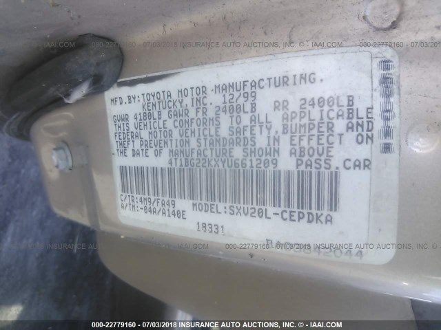 4T1BG22KXYU661209 - 2000 TOYOTA CAMRY CE/LE/XLE BROWN photo 9