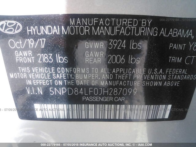 5NPD84LF0JH287099 - 2018 HYUNDAI ELANTRA SEL/VALUE/LIMITED SILVER photo 9