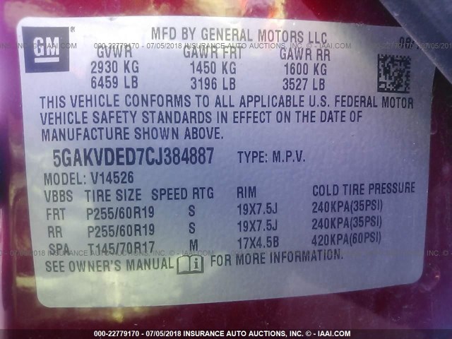 5GAKVDED7CJ384887 - 2012 BUICK ENCLAVE RED photo 9